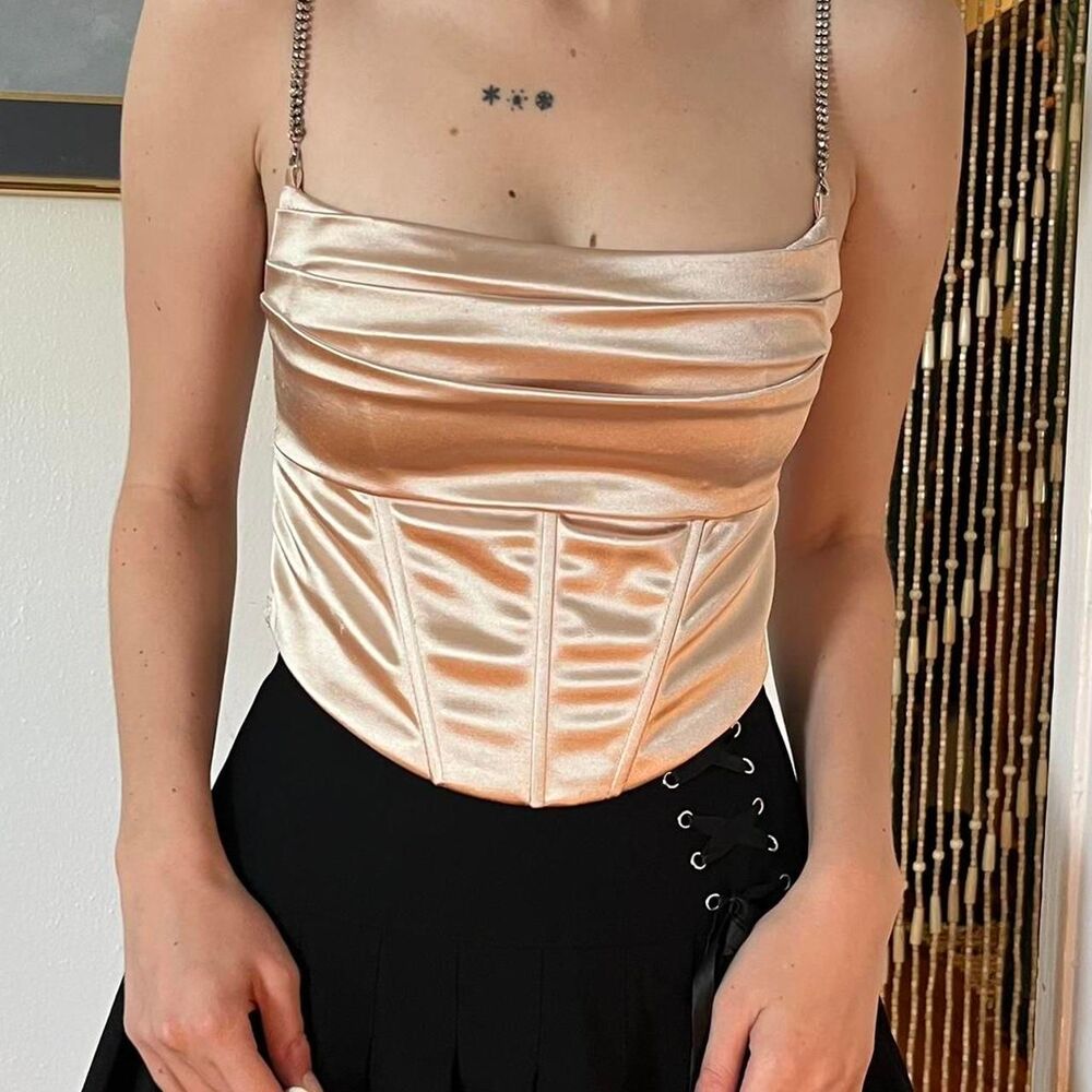 Micas Gold Champagne Corset Top Rhinestone Straps Size M Glam Coquette
